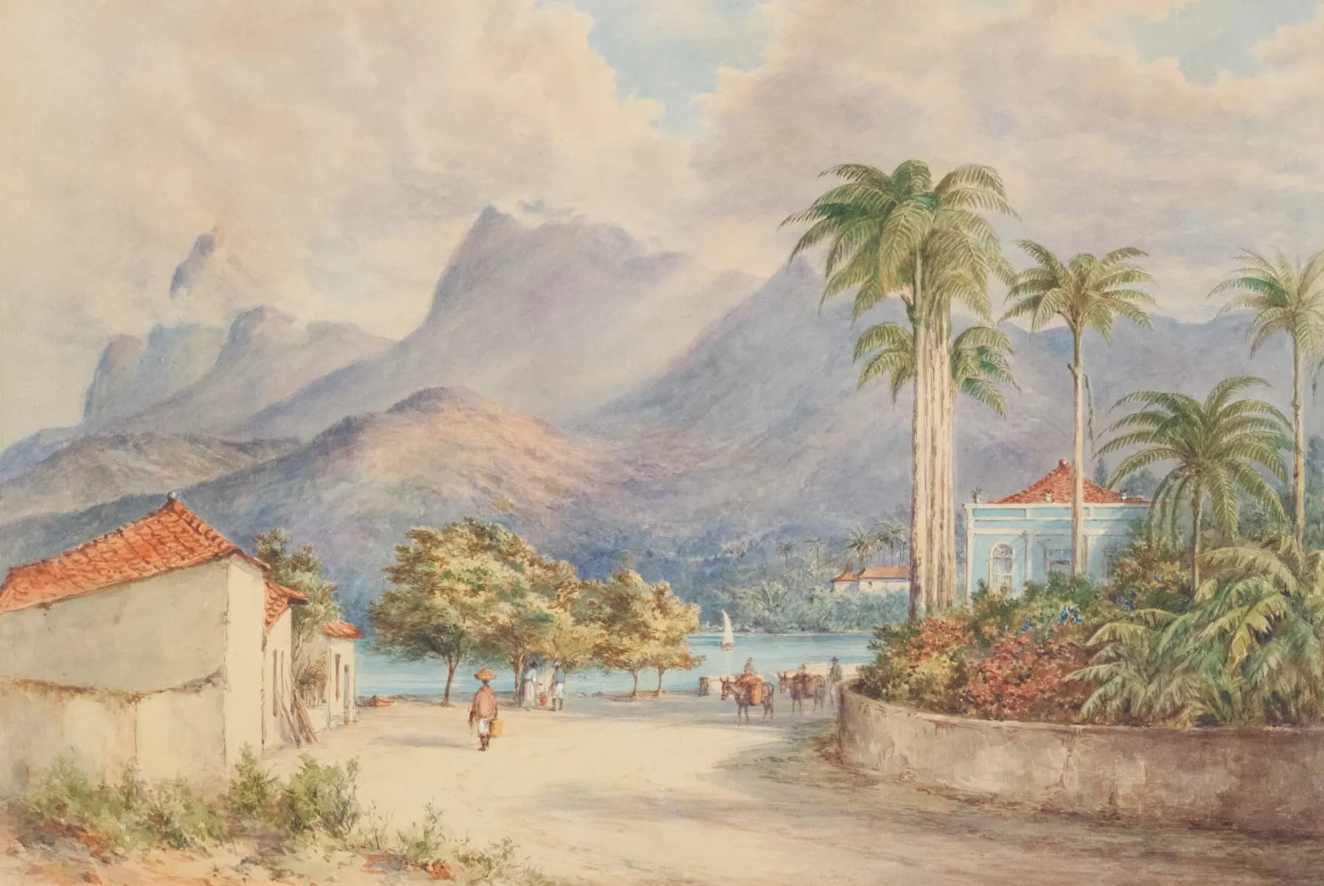 Tropical landscape with mountains and palm trees