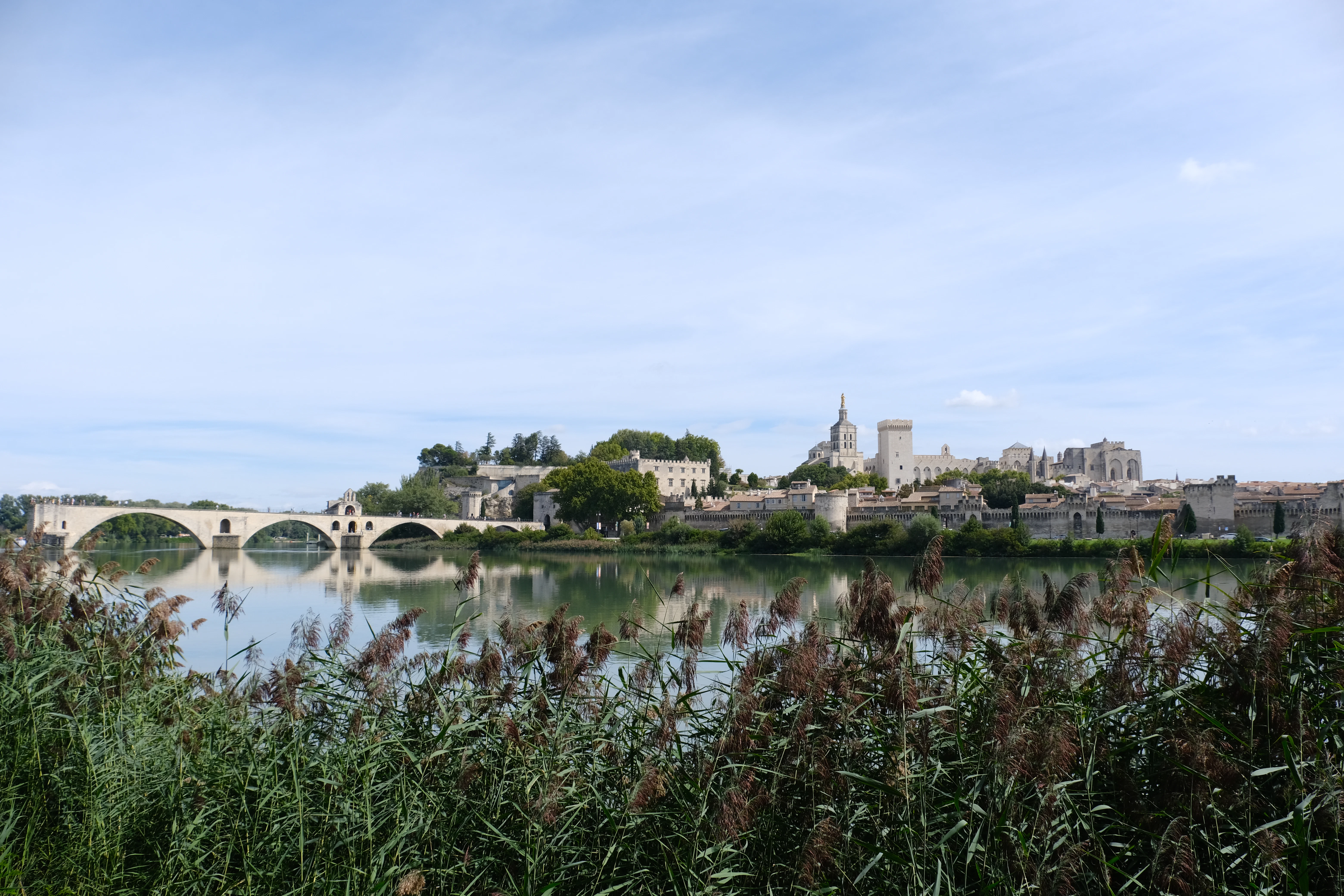 River with a bridge and distant city skyline