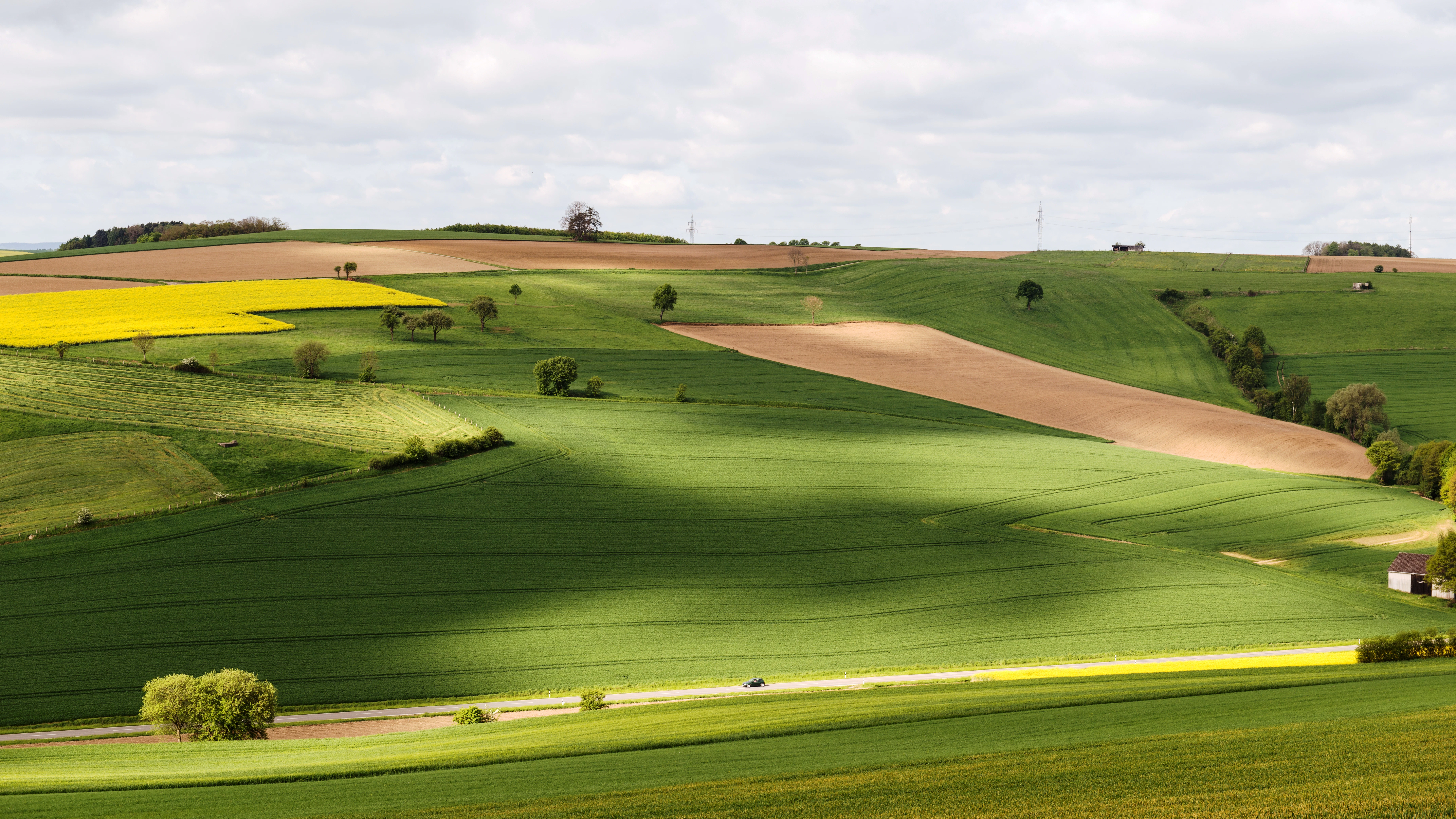 Rolling hills with vibrant green and yellow fields.