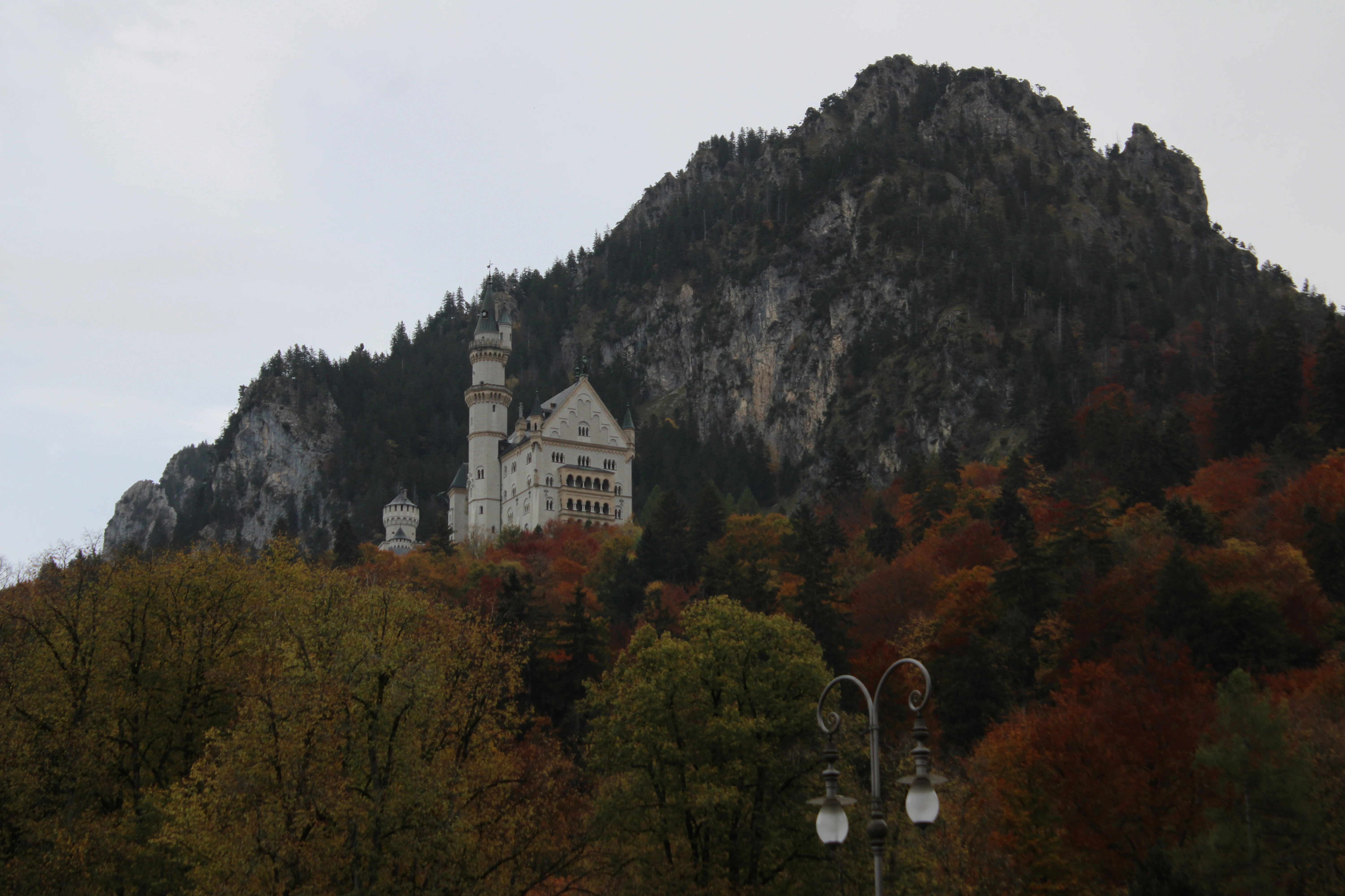 A castle on top of a mountain surrounded by trees