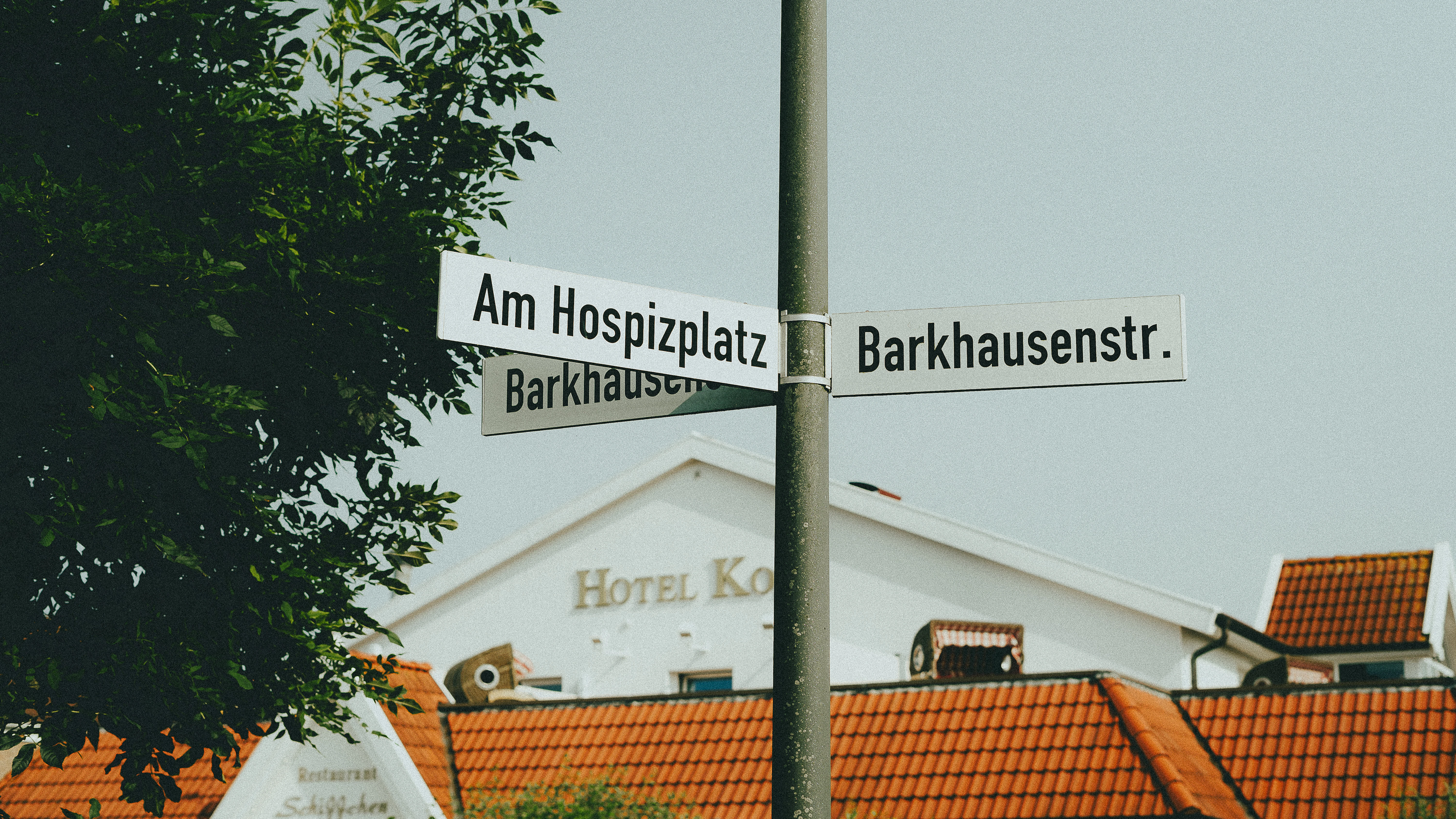 A street sign on a pole in front of a building