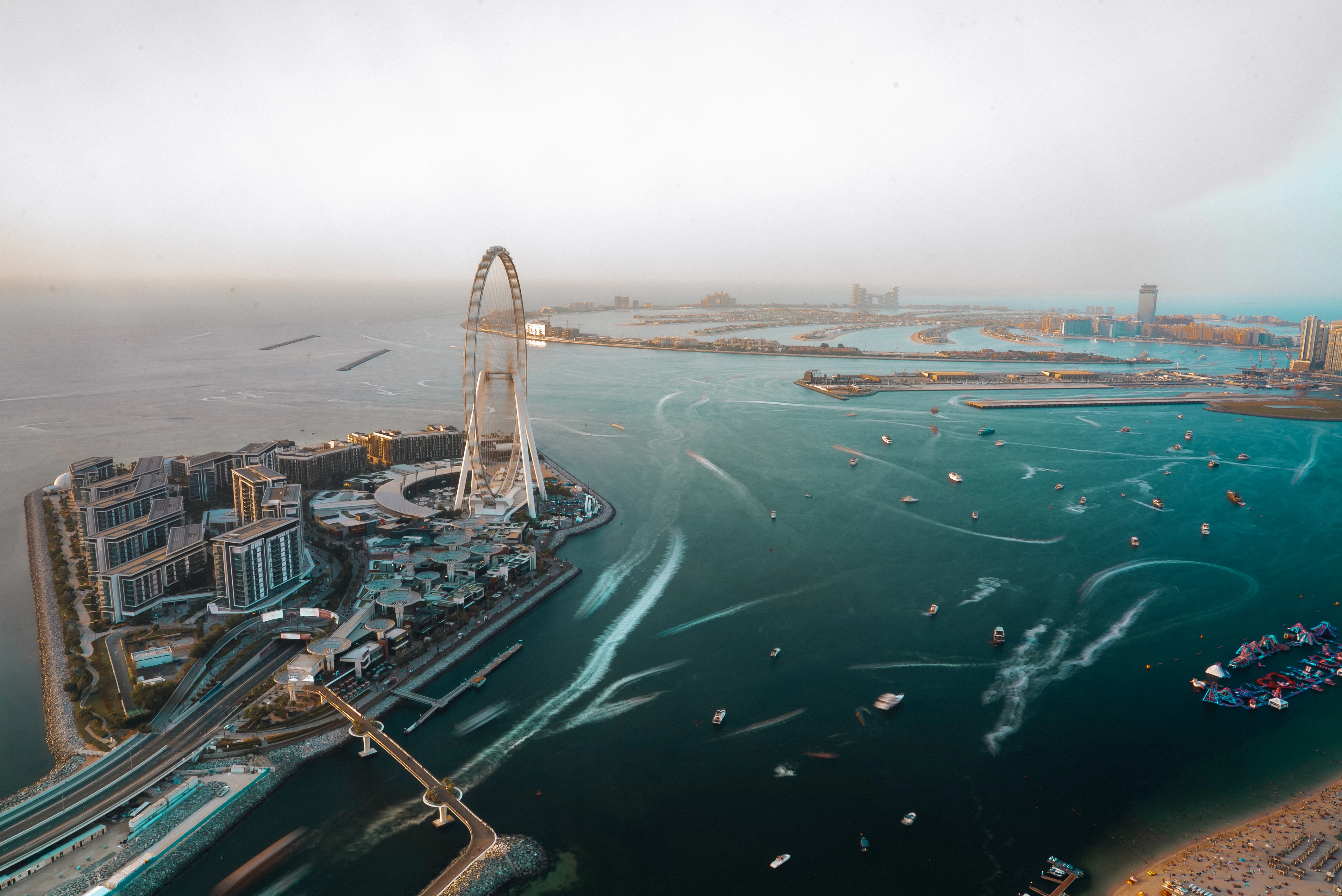 A ferris wheel towers over the water and the city.
