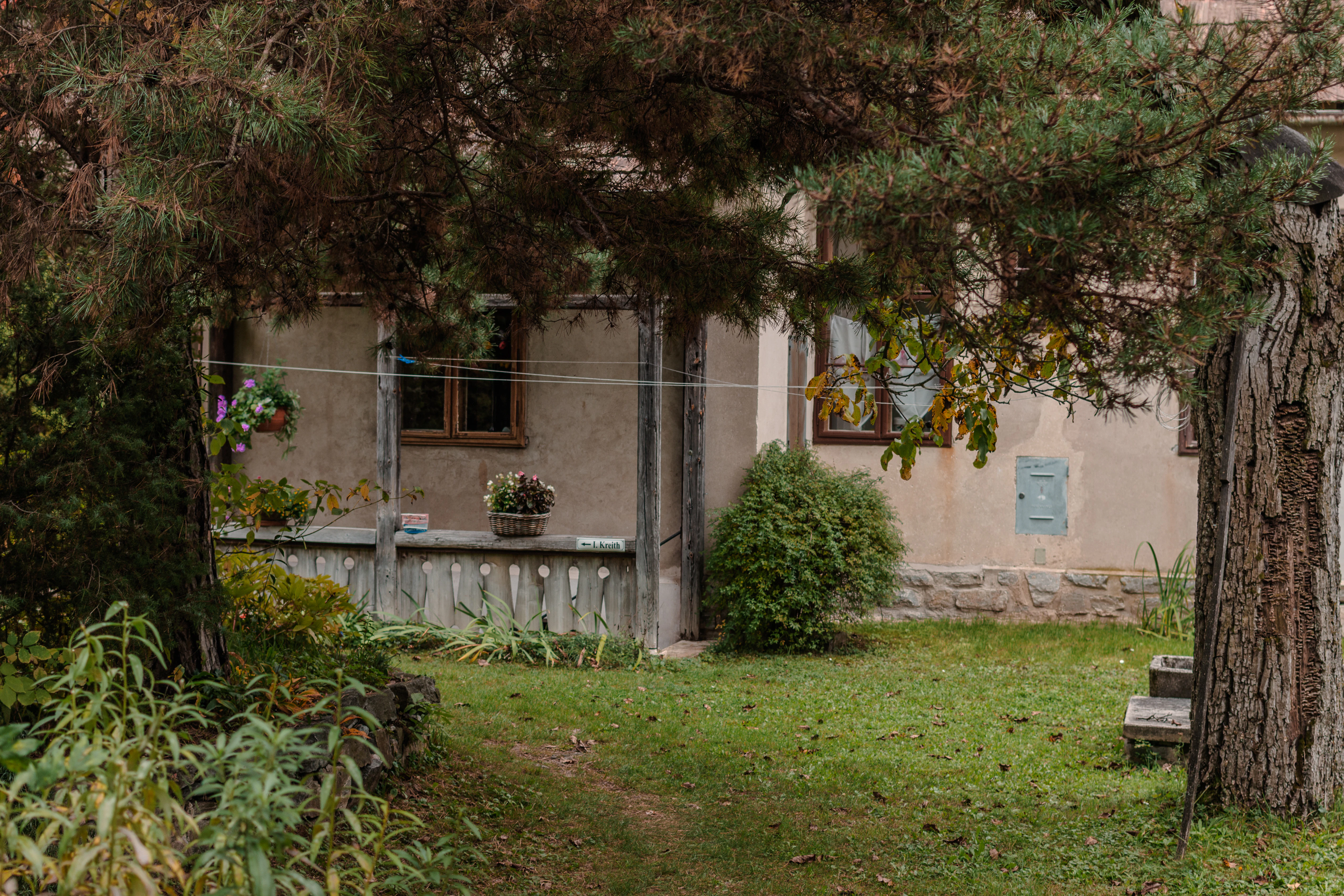 A rustic house with a garden and trees