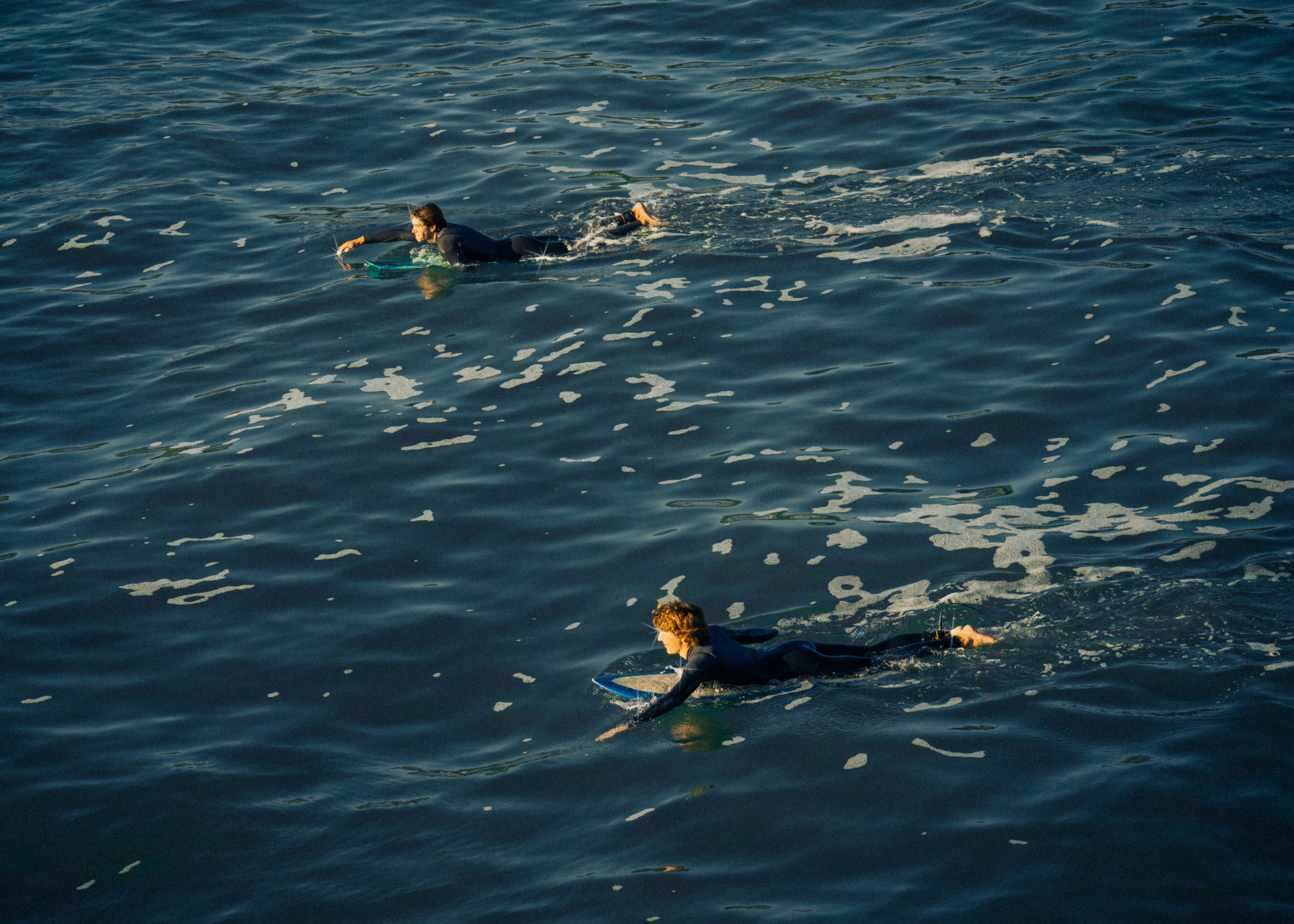 Two surfers paddling in the ocean