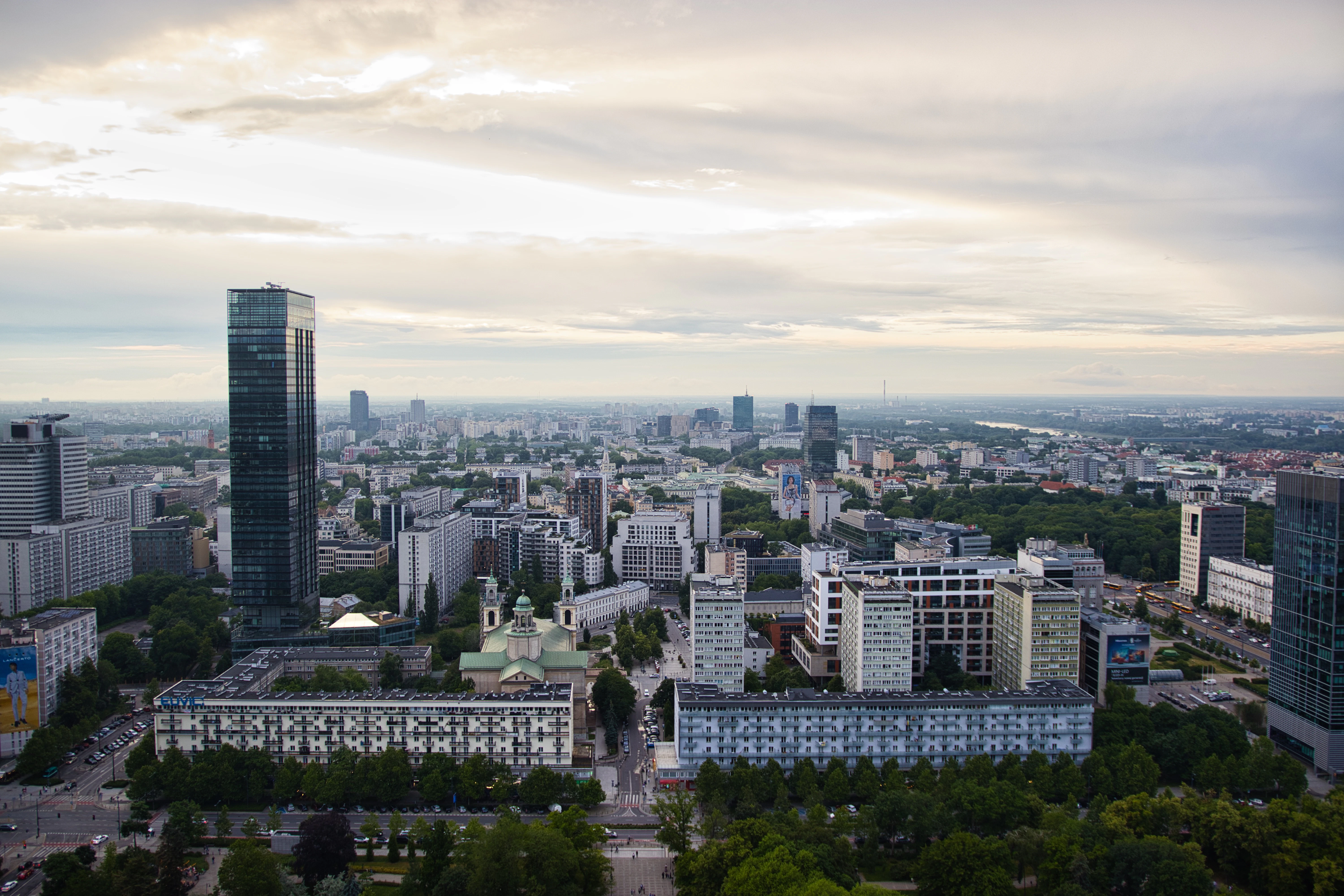 Modern city skyline with skyscrapers and buildings.