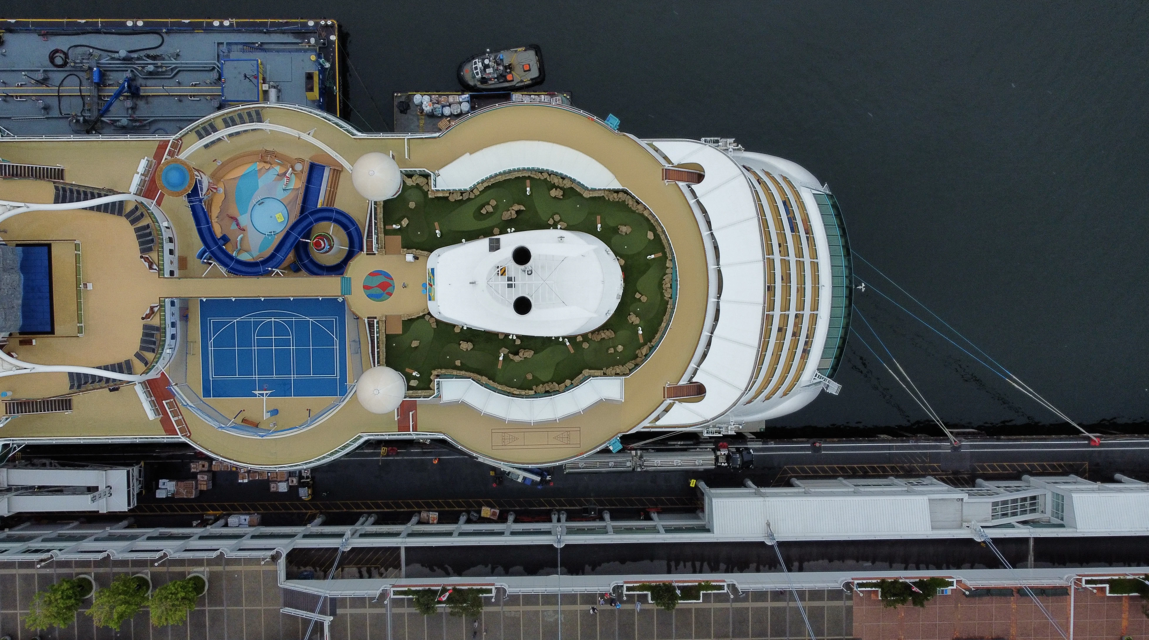 Aerial view of a large cruise ship docked at port