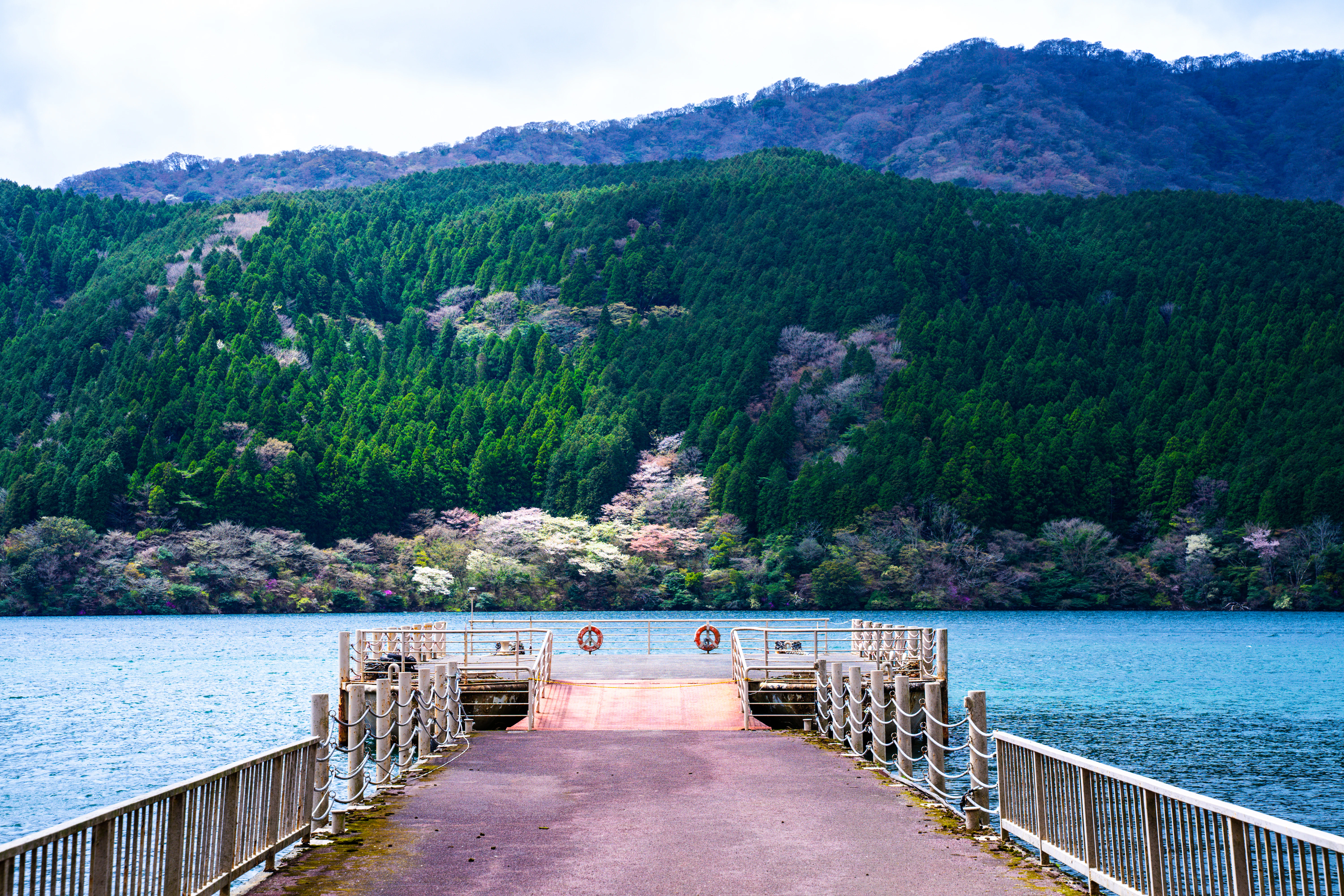 A long pier with a mountain in the background