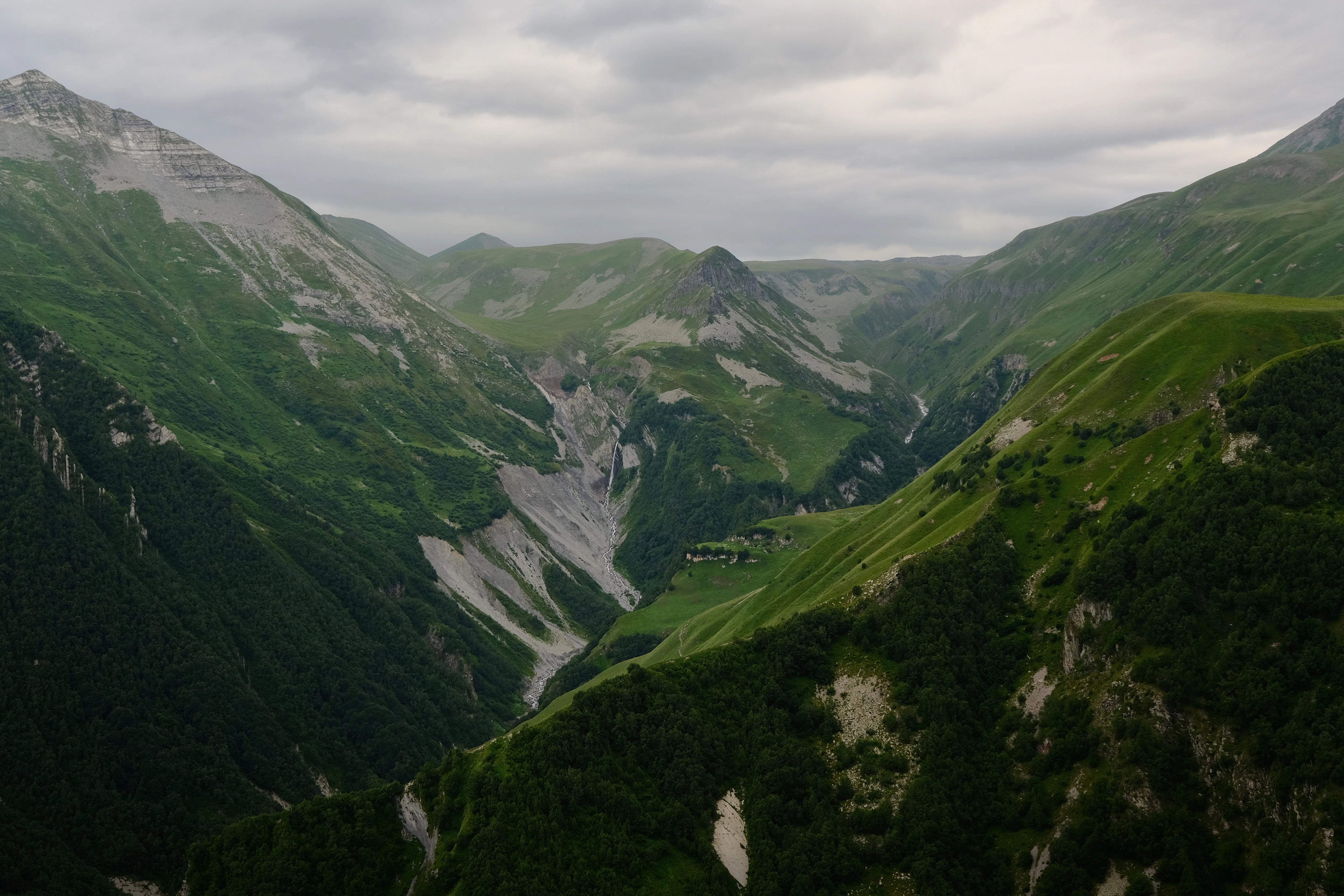 a view of a valley with mountains in the background