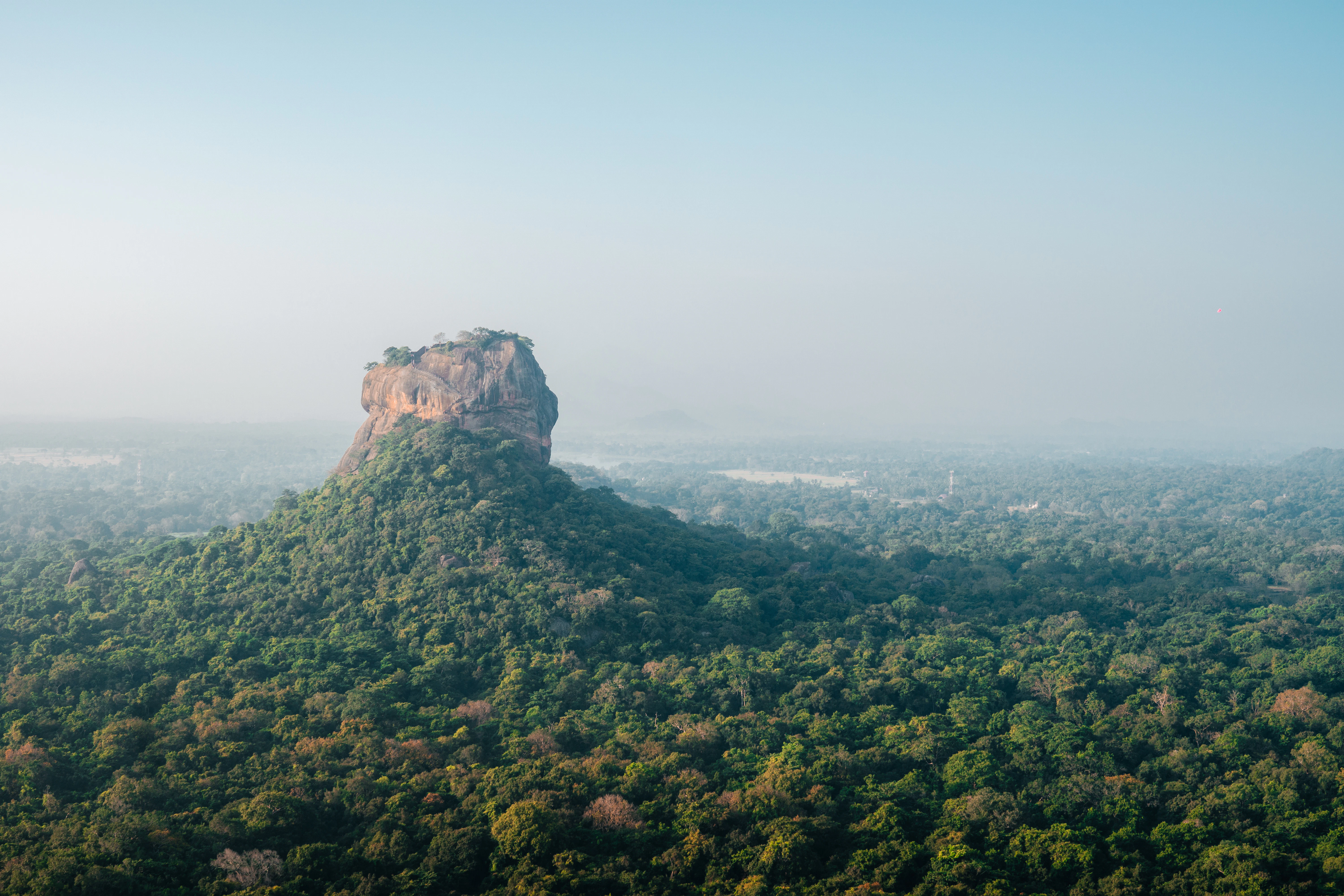 a very tall mountain surrounded by lush green trees