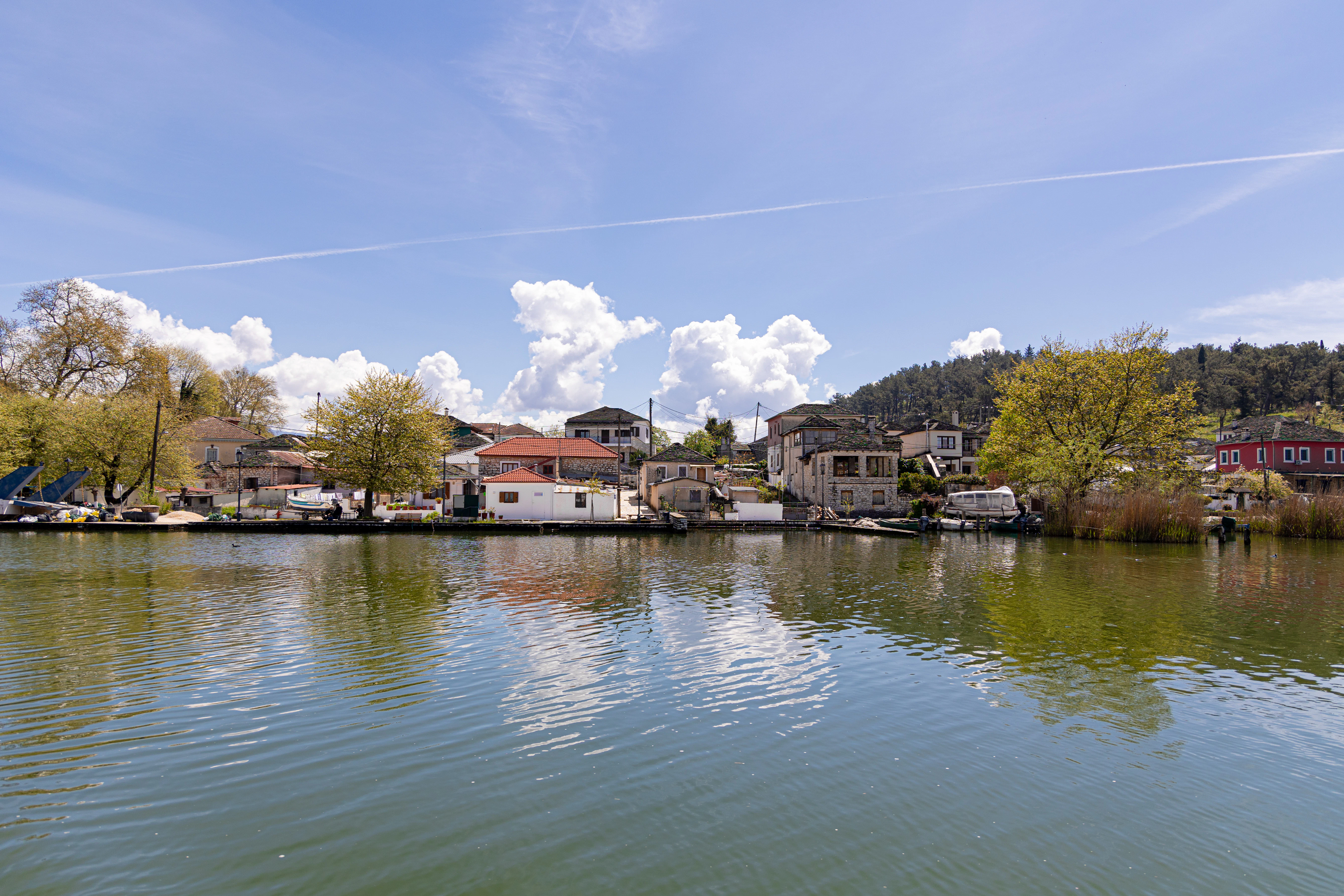 a body of water surrounded by houses and trees