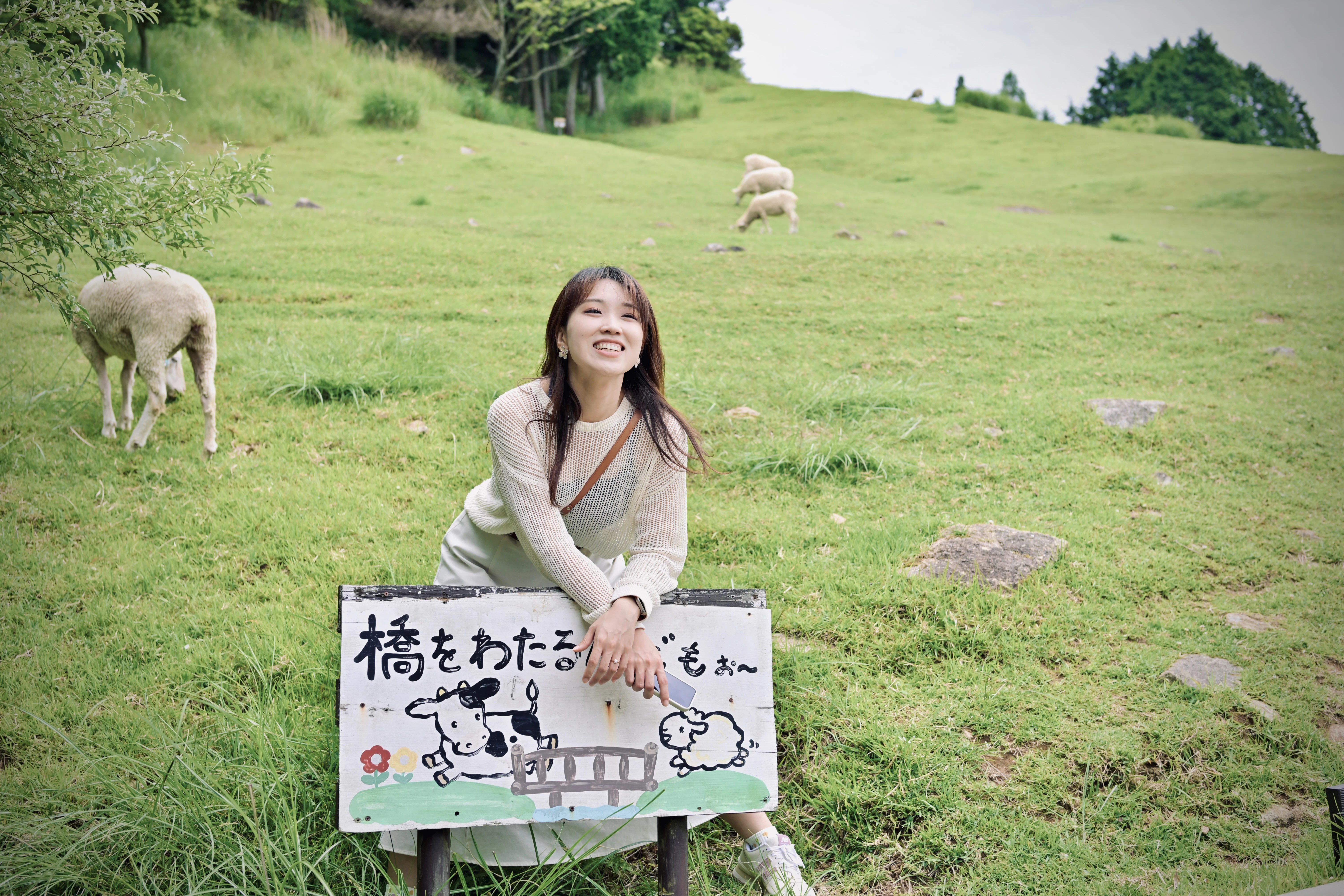 A woman sitting on top of a sign in a field