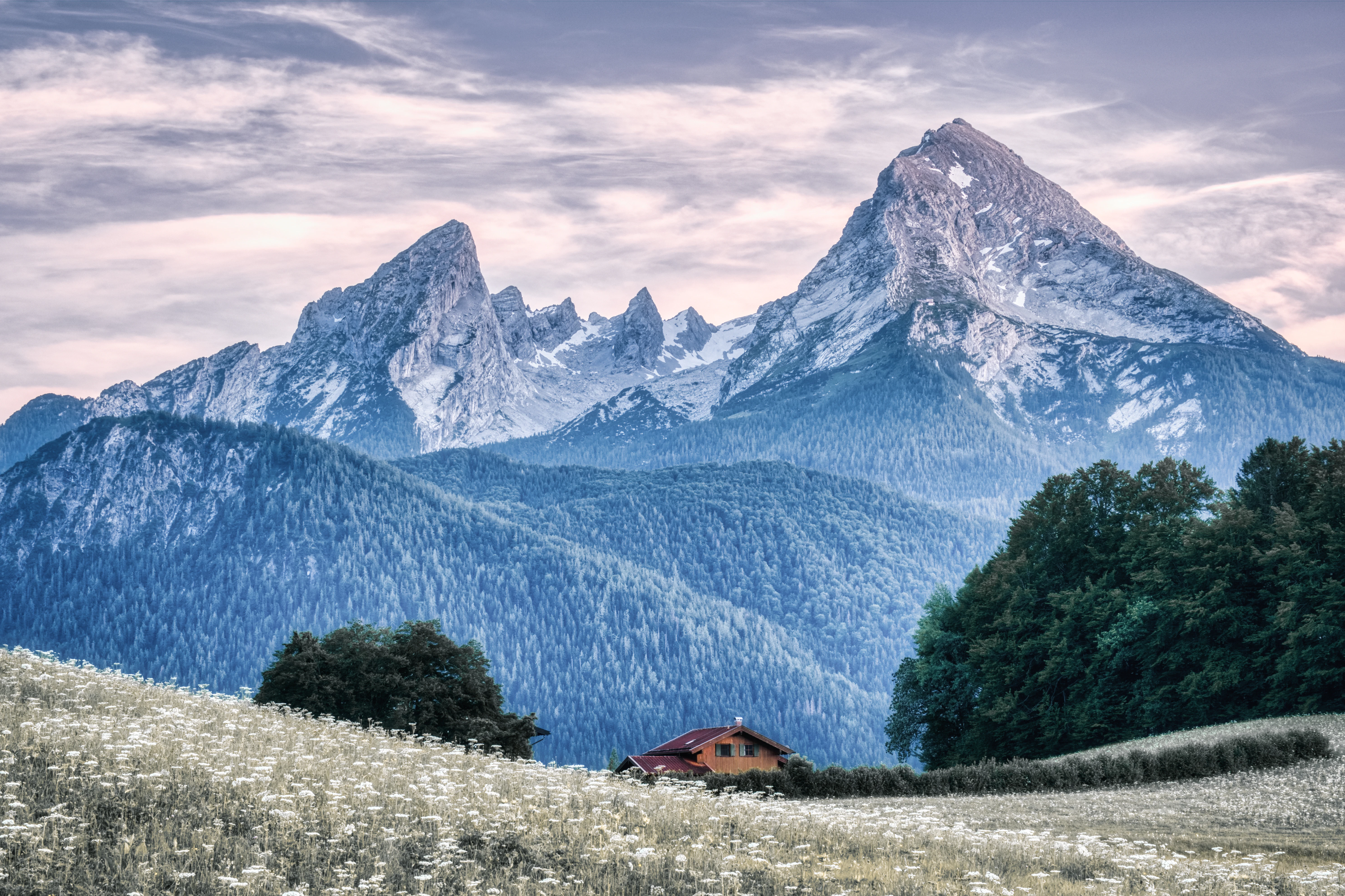 a house in the middle of a field with mountains in the background